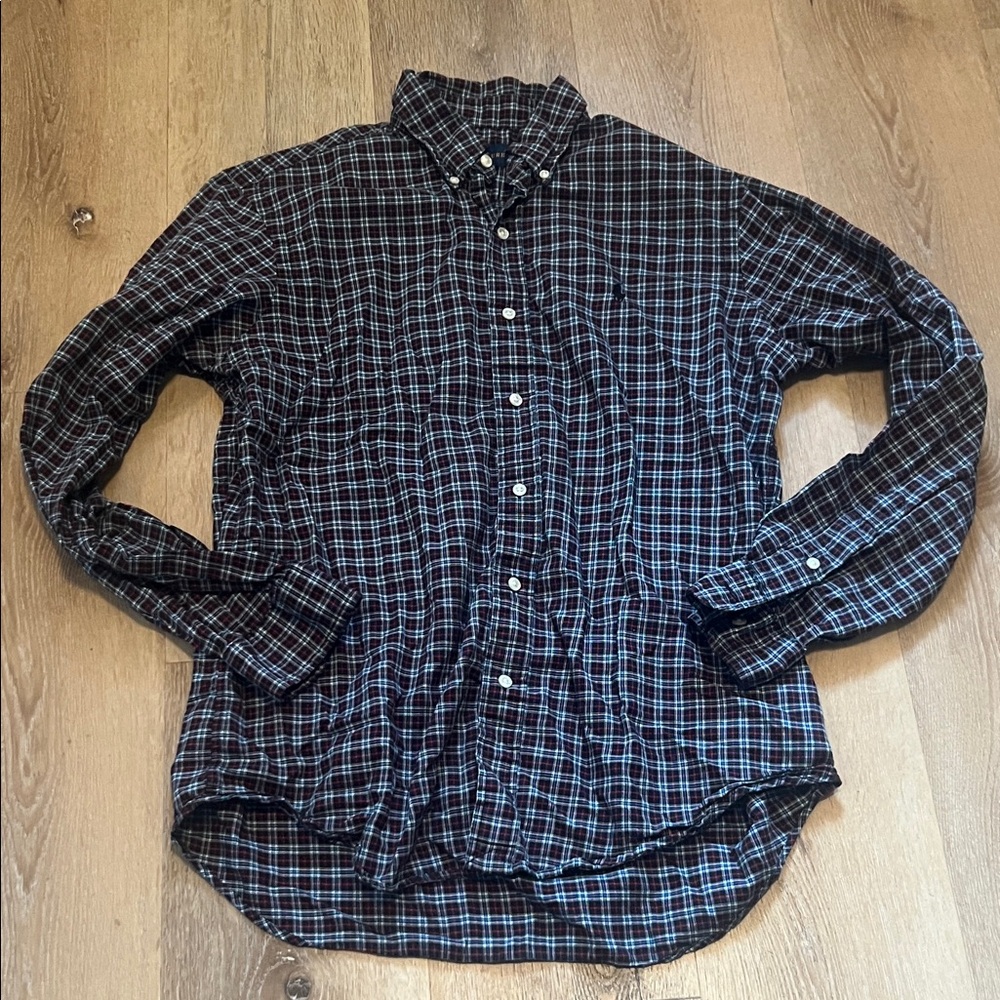 Polo Men's Black and Blue Plaid Shirt Medium